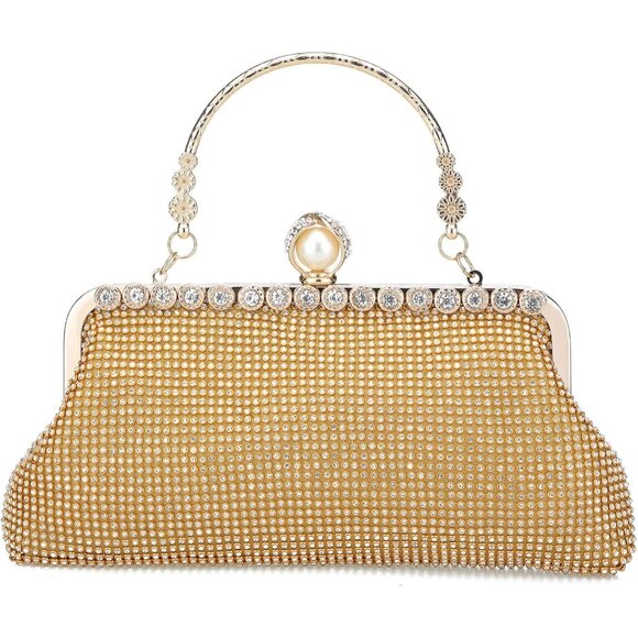 ⚡ Women's Evening Rhinestones Envelope Style Chain Strap Gold Clutch Handbag - Picture 2 of 7